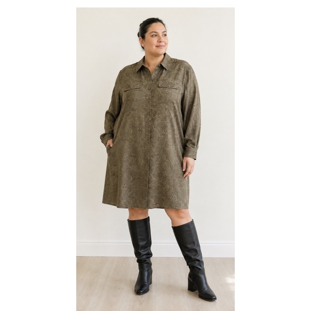 August Silk Green 100% Silk Paisley Print Button Down Dress Womens 18W Midi